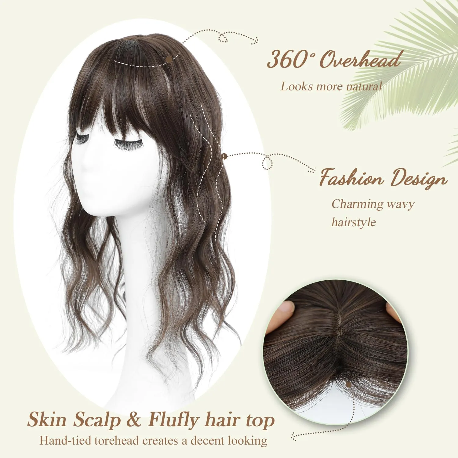 PANEWAY Hair Topper with Bangs Hair Clip 360° 3D Cover Clip in Bangs Mocha Brown Wavy Fake Bangs Hair Toppers for Women with Thinning Hair Synthetic Hair Pieces For Women (2.5''x2'' Base)