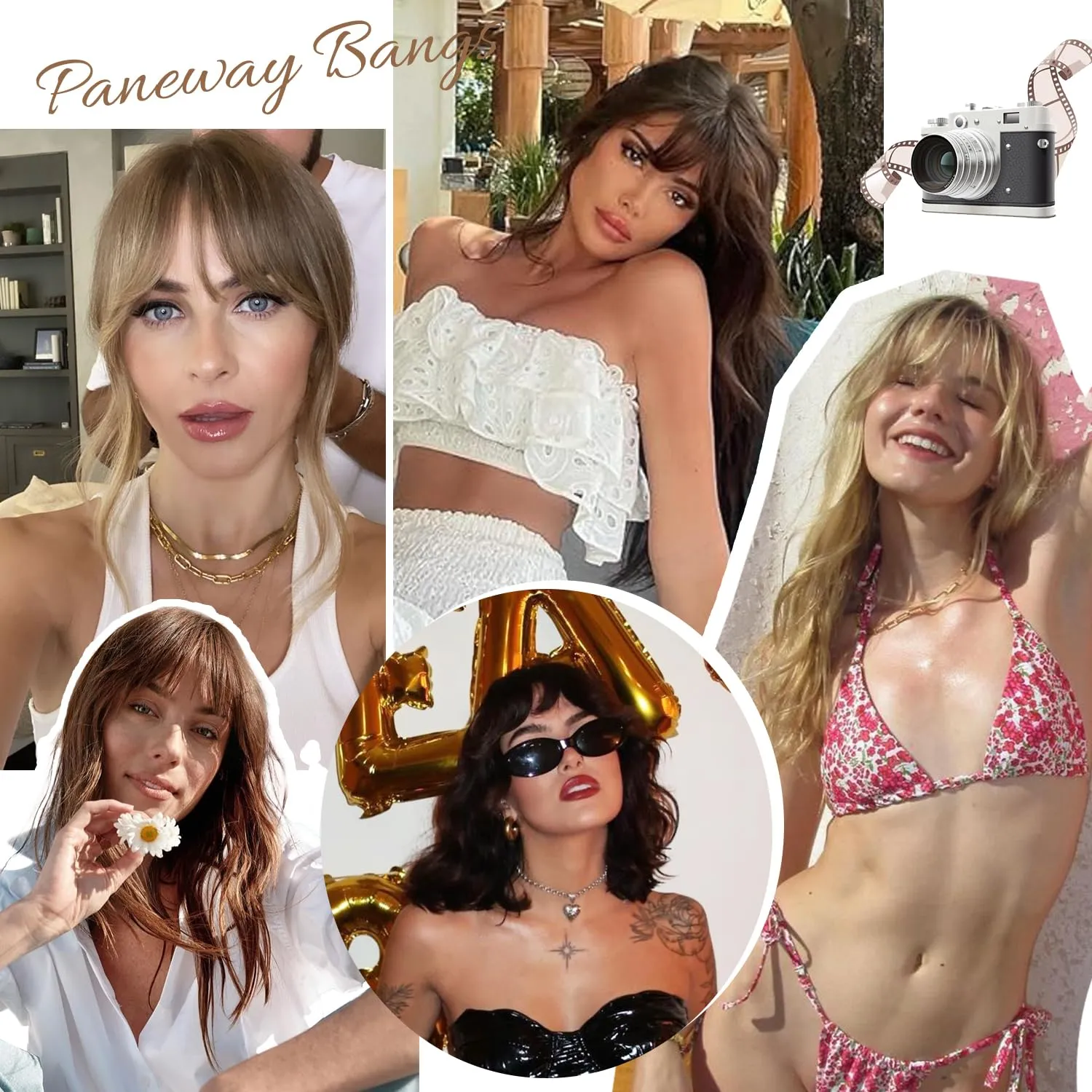 PANEWAY Hair Topper with Bangs Hair Clip 360° 3D Cover Clip in Bangs Mocha Brown Wavy Fake Bangs Hair Toppers for Women with Thinning Hair Synthetic Hair Pieces For Women (2.5''x2'' Base)