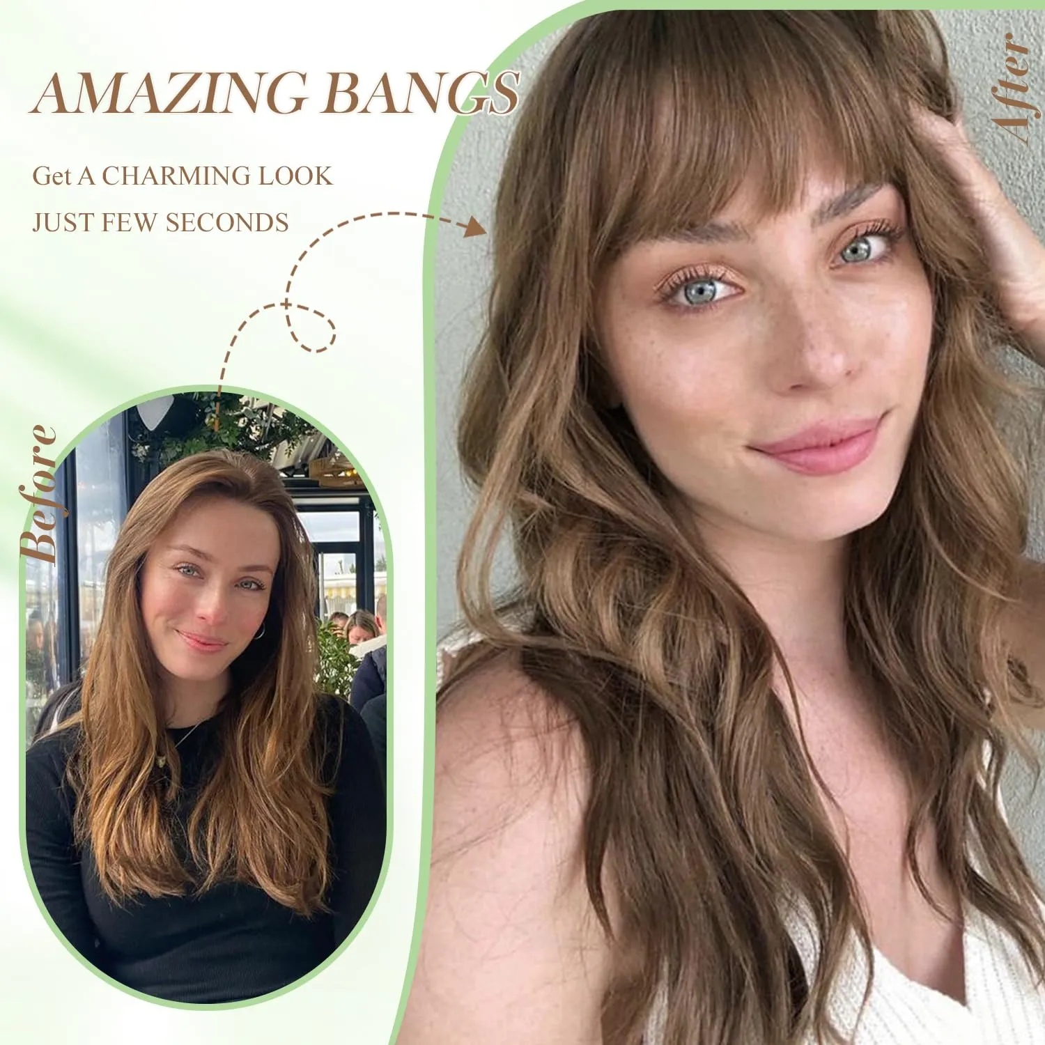 PANEWAY Hair Topper with Bangs Hair Clip 360° 3D Cover Clip in Bangs Mocha Brown Wavy Fake Bangs Hair Toppers for Women with Thinning Hair Synthetic Hair Pieces For Women (2.5''x2'' Base)