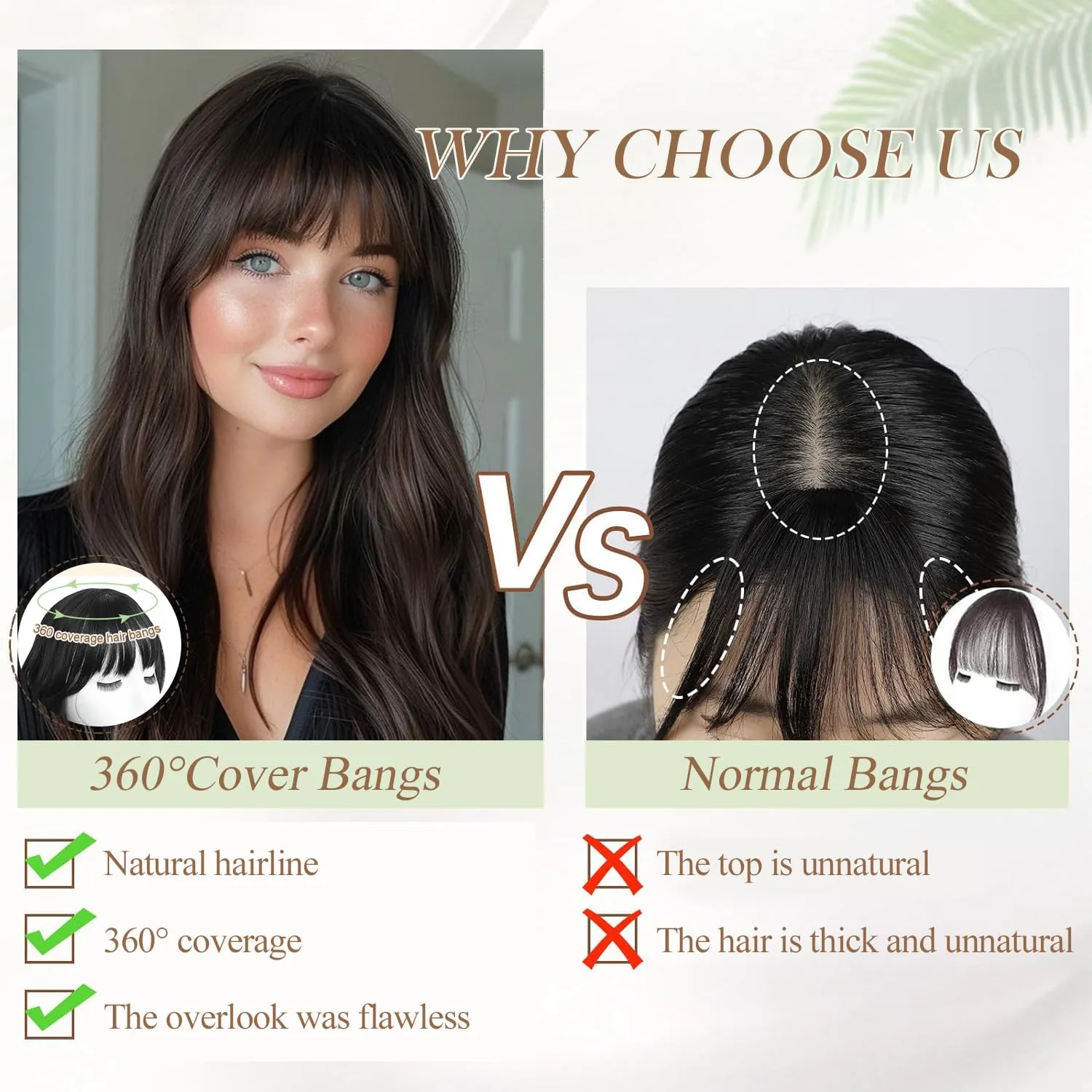 PANEWAY Hair Topper with Bangs Hair Clip 360° 3D Cover Clip in Bangs Mocha Brown Wavy Fake Bangs Hair Toppers for Women with Thinning Hair Synthetic Hair Pieces For Women (2.5''x2'' Base)