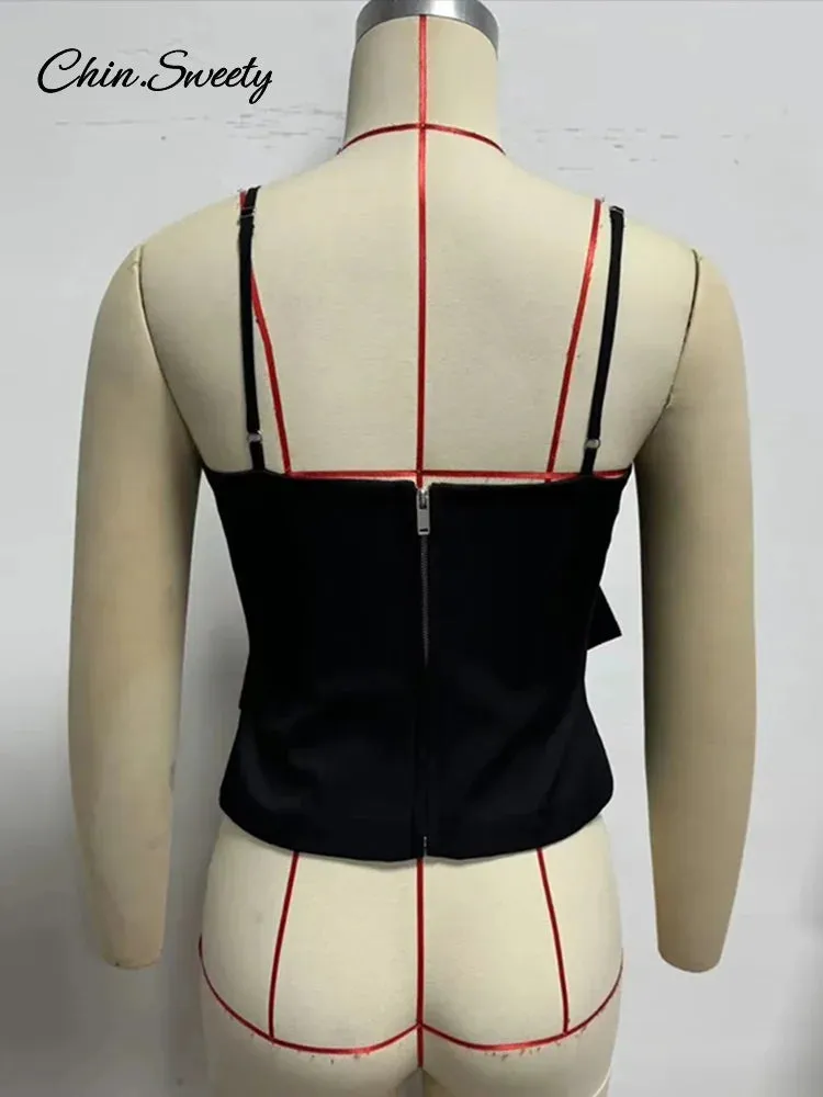 Party Vest Bow New Female Clubwear Tank Backless Fashion Birthday discount Sleeveless  Lady Y2K Black Sling Big Extensive catalogue Women Zipper Sequined Top