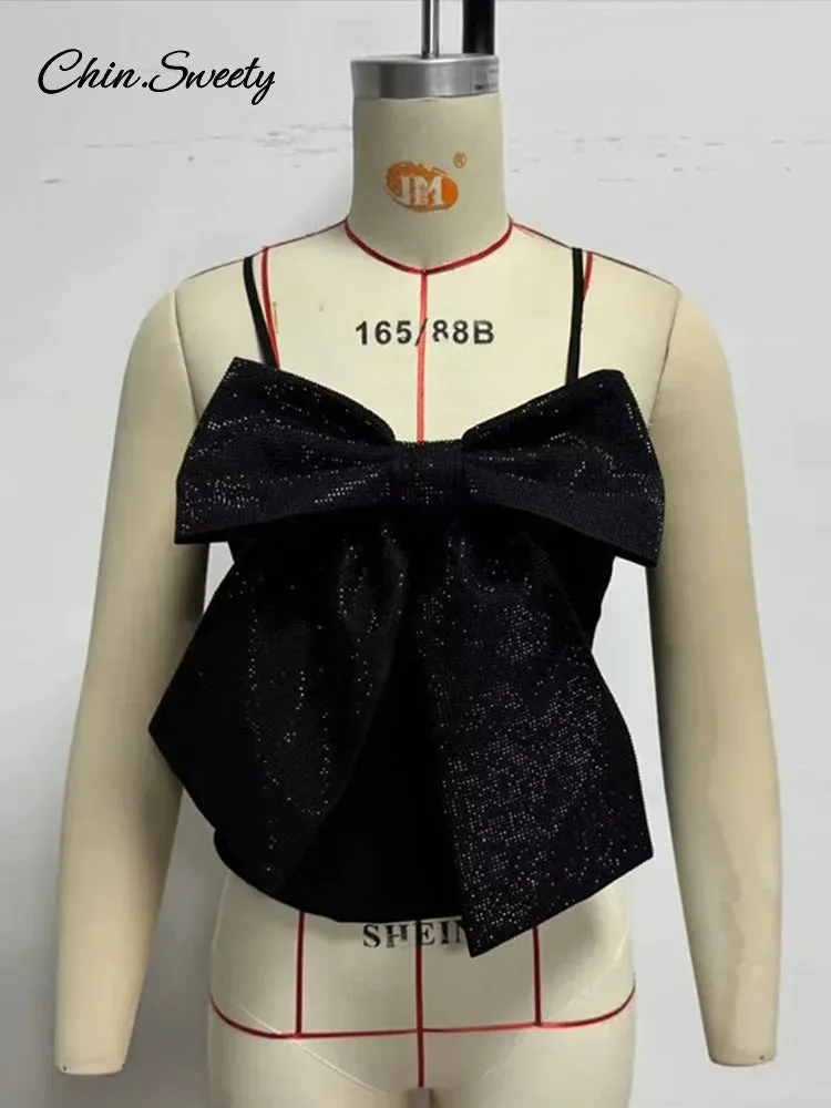 Party Vest Bow New Female Clubwear Tank Backless Fashion Birthday discount Sleeveless  Lady Y2K Black Sling Big Extensive catalogue Women Zipper Sequined Top
