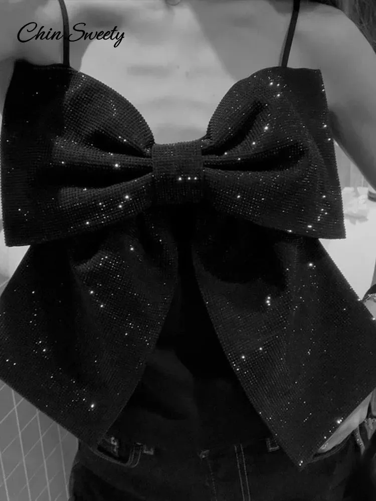 Party Vest Bow New Female Clubwear Tank Backless Fashion Birthday discount Sleeveless  Lady Y2K Black Sling Big Extensive catalogue Women Zipper Sequined Top
