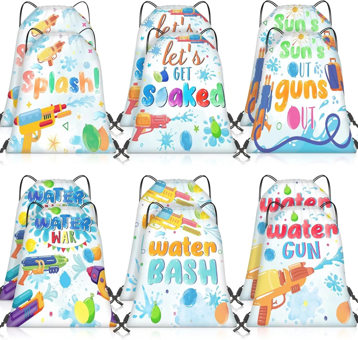 Paterr 12 Pcs Water Gun Party Drawstring Backpack for Pool Party Cinch Bag Water Party Drawstring Bags Bulk Polyester Draw String Back Bag for Beach Sports Gym Traveling Summer Outdoor Activities