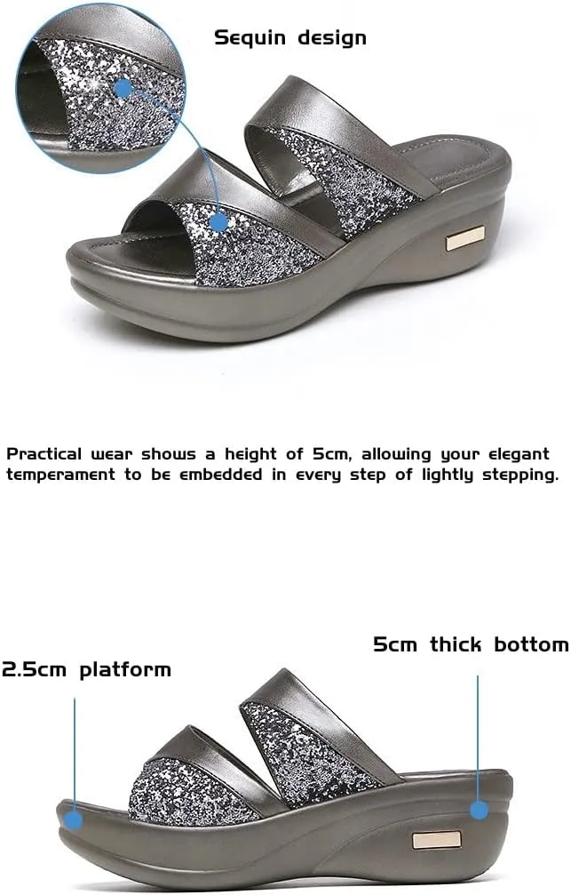 pearlzone Women's Summer Rhinestones Slip on Fish Mouth Wedges Beach Open Toe Slippers,Fashion Sexy Sequined Sandals