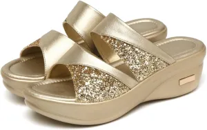 pearlzone Women's Summer Rhinestones Slip on Fish Mouth Wedges Beach Open Toe Slippers,Fashion Sexy Sequined Sandals