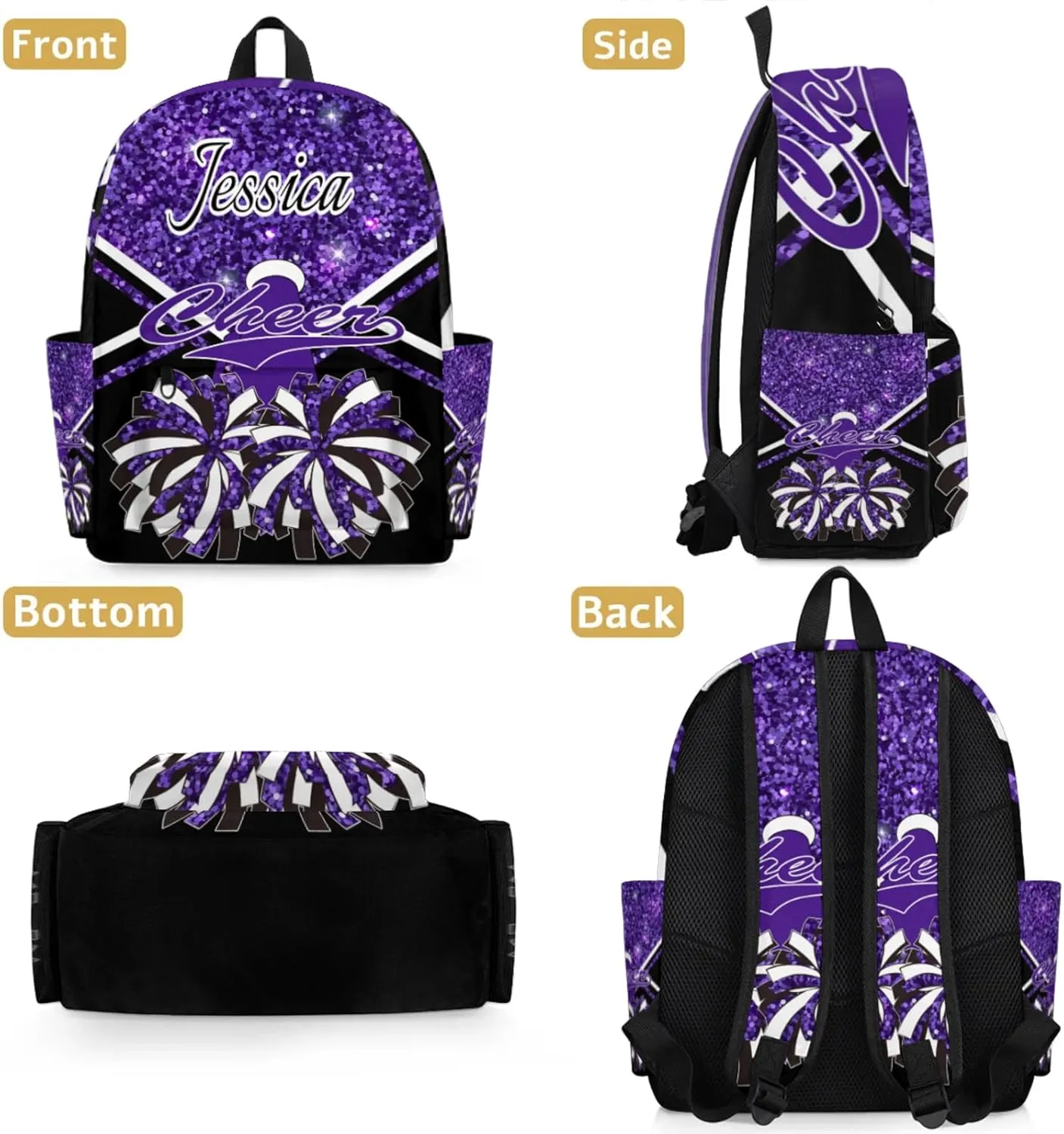 Personalized Cheer Bag Name Backpack Bags for Women Men, Custom Large Capacity Waterproof Cheerleading Shoulder Bags, Casual Daypack, Deep Purple Glitter Cheerleader