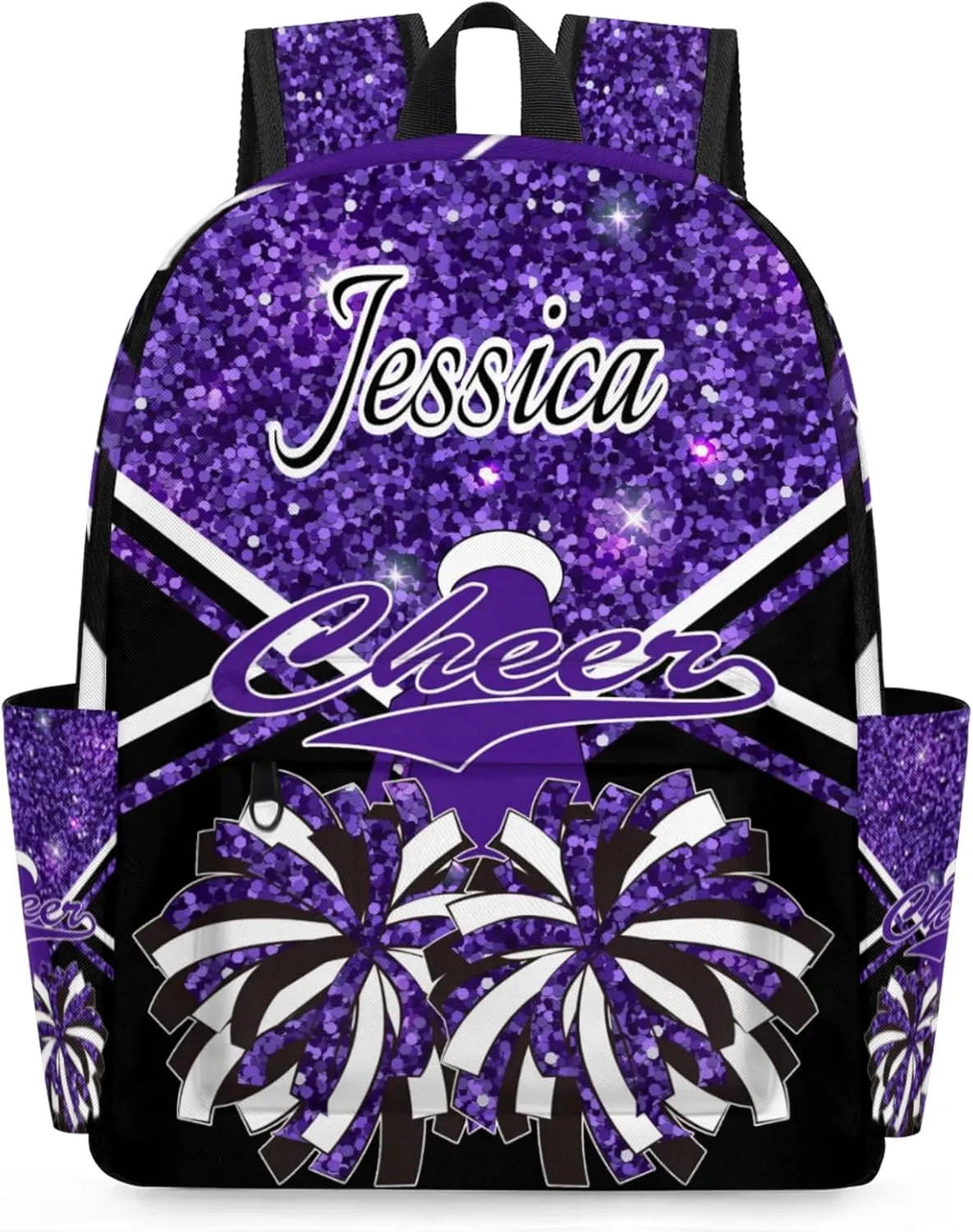 Personalized Cheer Bag Name Backpack Bags for Women Men, Custom Large Capacity Waterproof Cheerleading Shoulder Bags, Casual Daypack, Deep Purple Glitter Cheerleader