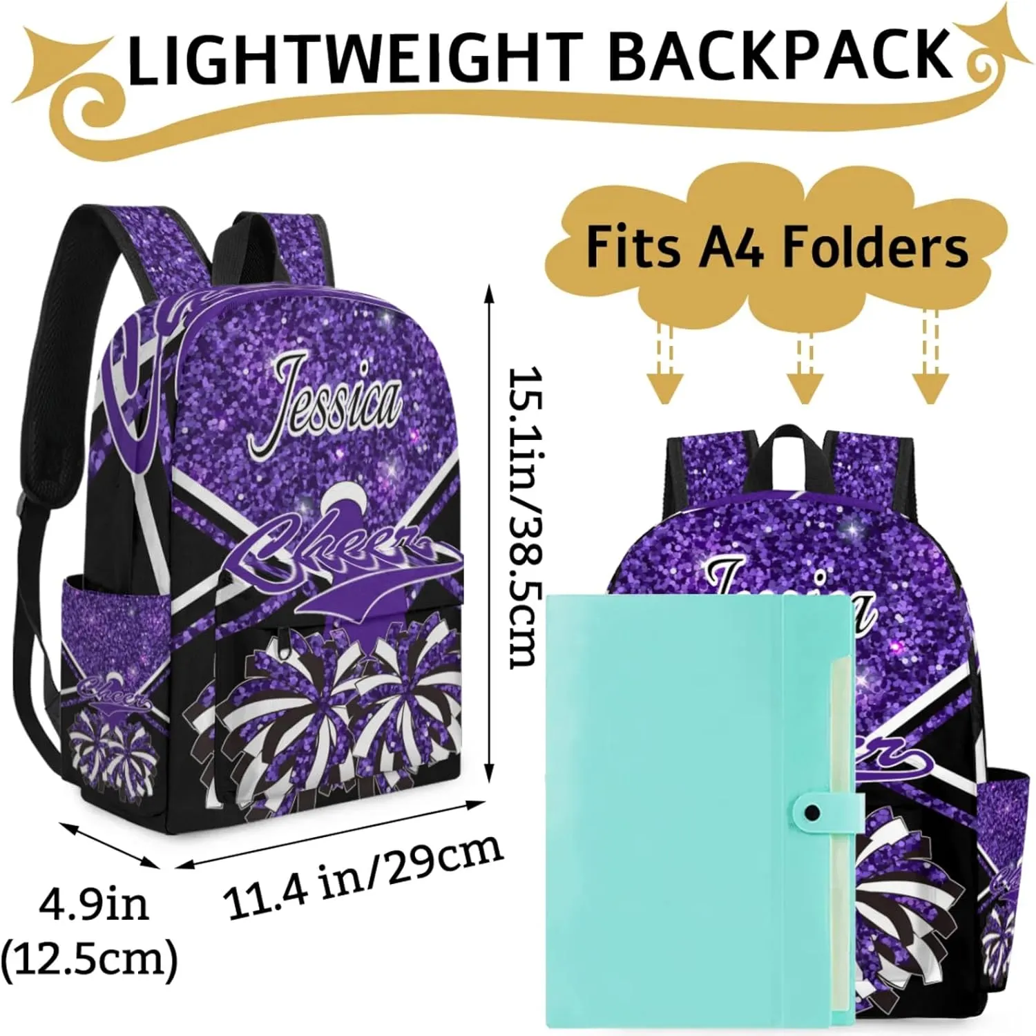 Personalized Cheer Bag Name Backpack Bags for Women Men, Custom Large Capacity Waterproof Cheerleading Shoulder Bags, Casual Daypack, Deep Purple Glitter Cheerleader