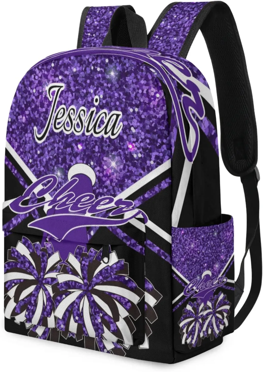 Personalized Cheer Bag Name Backpack Bags for Women Men, Custom Large Capacity Waterproof Cheerleading Shoulder Bags, Casual Daypack, Deep Purple Glitter Cheerleader