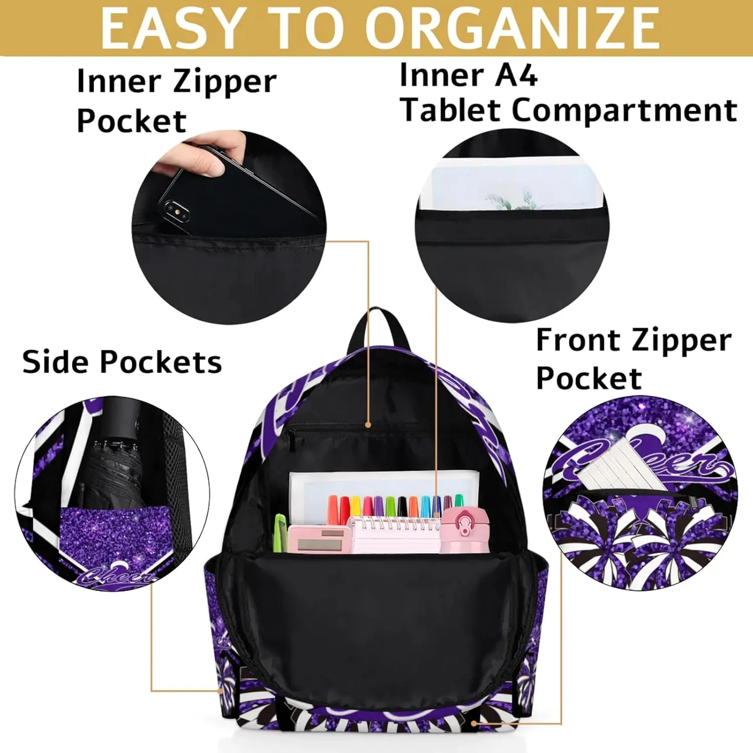 Personalized Cheer Bag Name Backpack Bags for Women Men, Custom Large Capacity Waterproof Cheerleading Shoulder Bags, Casual Daypack, Deep Purple Glitter Cheerleader