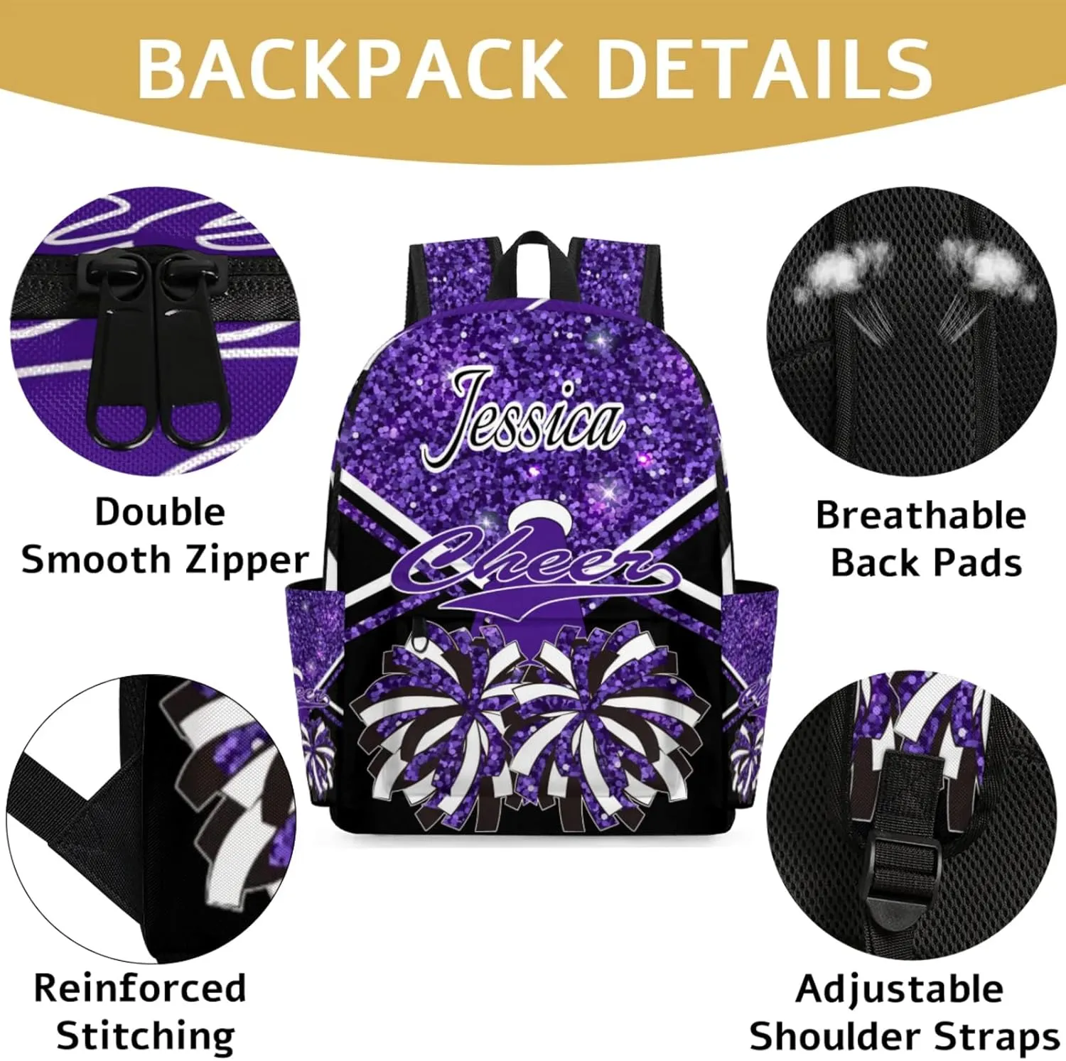 Personalized Cheer Bag Name Backpack Bags for Women Men, Custom Large Capacity Waterproof Cheerleading Shoulder Bags, Casual Daypack, Deep Purple Glitter Cheerleader