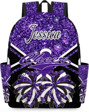 Personalized Cheer Bag Name Backpack Bags for Women Men, Custom Large Capacity Waterproof Cheerleading Shoulder Bags, Casual Daypack, Deep Purple Glitter Cheerleader