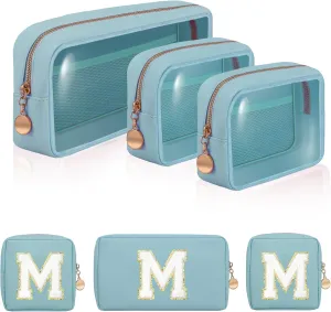 Personalized Initial Clear Bags Set, Clear Cosmetic Bags,Make Up Pouches, Clear Pouch for Organization, Clear Toiletry Travel Bag,Gifts for Women(M, Blue (2 Mini 1 Large))
