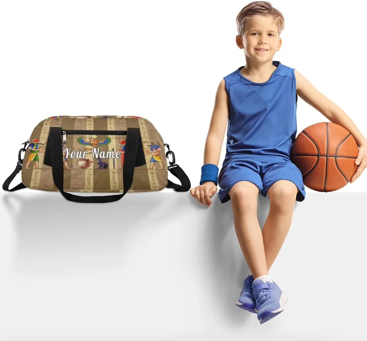 Personalized Kids Duffel Bag Egypt Mural Pharaoh Hieroglyph,Custom Sport Gym Bag for Boys Girls,WWeekender Overnight Bags Travel Duffel Bag,Customized Kids Gift