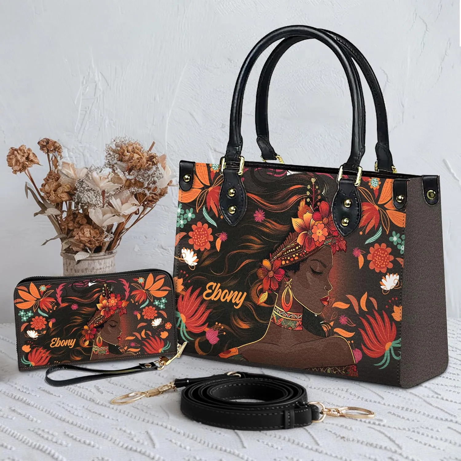 Personalized Leather Handbag For Black African Women – Matching Purse and Wallet Set – Mother's Day Gifts for Melanin Woman