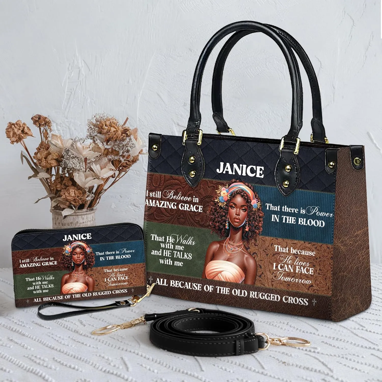 Personalized Leather Handbag For Black African Women – Matching Purse and Wallet Set – Mother's Day Gifts for Melanin Woman