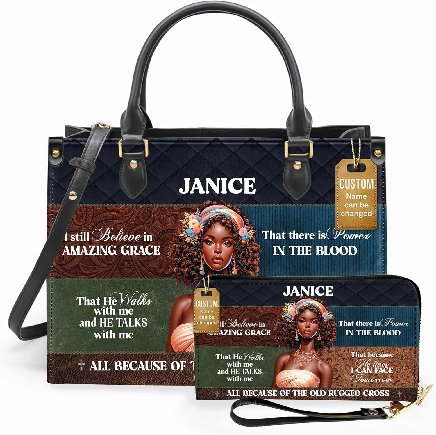 Personalized Leather Handbag For Black African Women – Matching Purse and Wallet Set – Mother's Day Gifts for Melanin Woman
