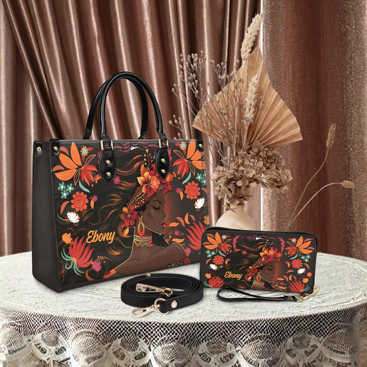 Personalized Leather Handbag For Black African Women – Matching Purse and Wallet Set – Mother's Day Gifts for Melanin Woman
