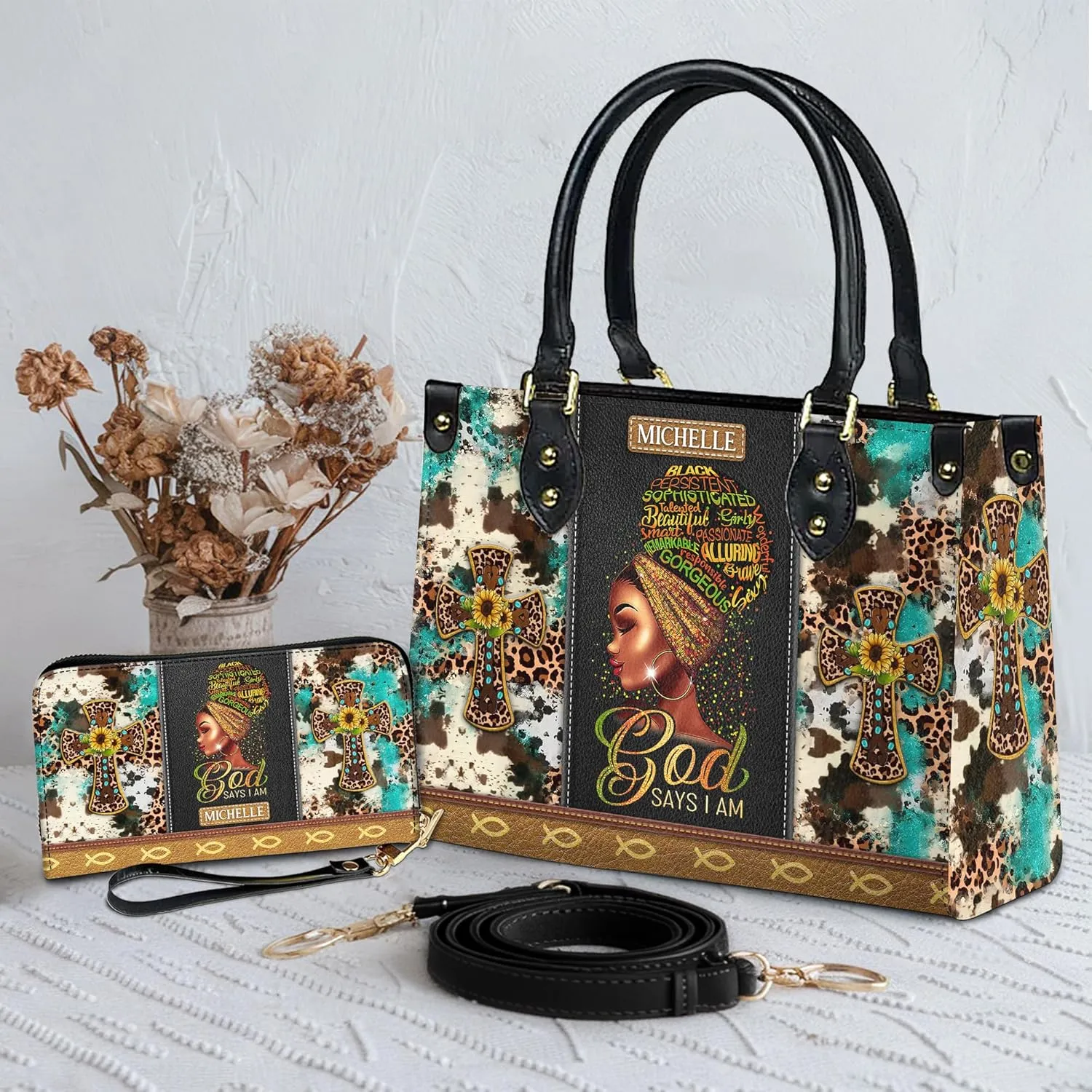 Personalized Leather Handbag For Black African Women – Matching Purse and Wallet Set – Mother's Day Gifts for Melanin Woman
