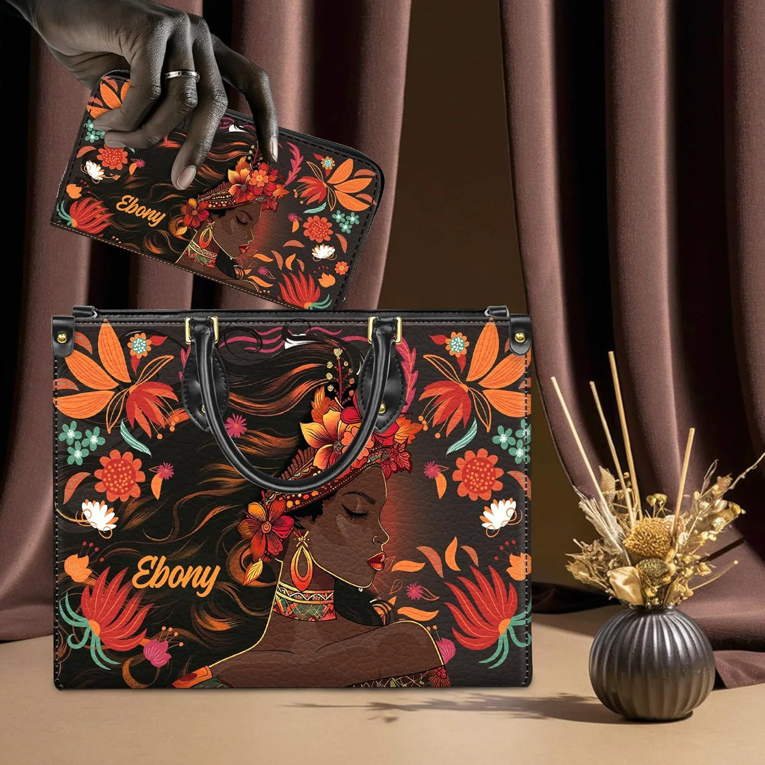 Personalized Leather Handbag For Black African Women – Matching Purse and Wallet Set – Mother's Day Gifts for Melanin Woman