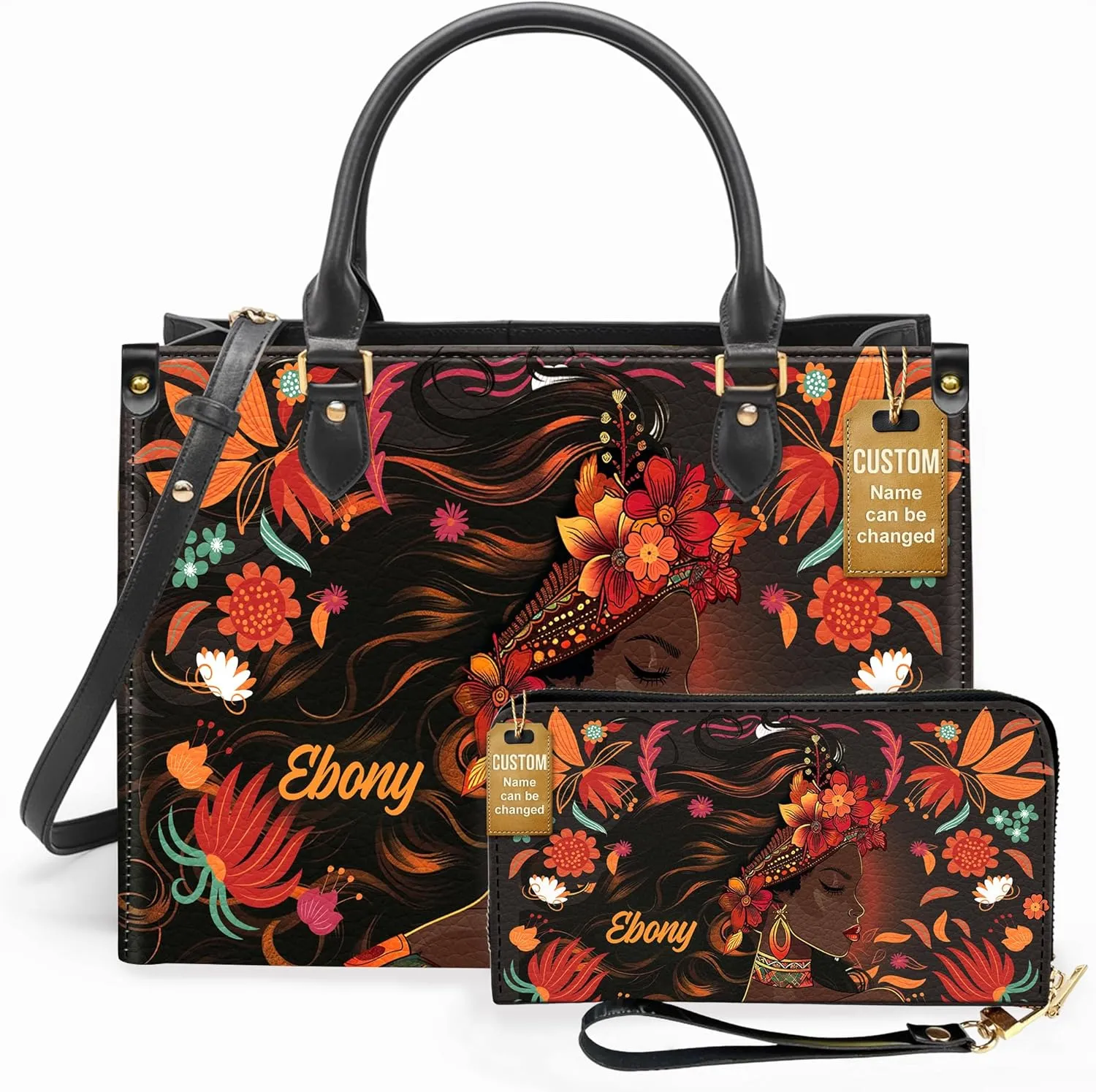 Personalized Leather Handbag For Black African Women – Matching Purse and Wallet Set – Mother's Day Gifts for Melanin Woman