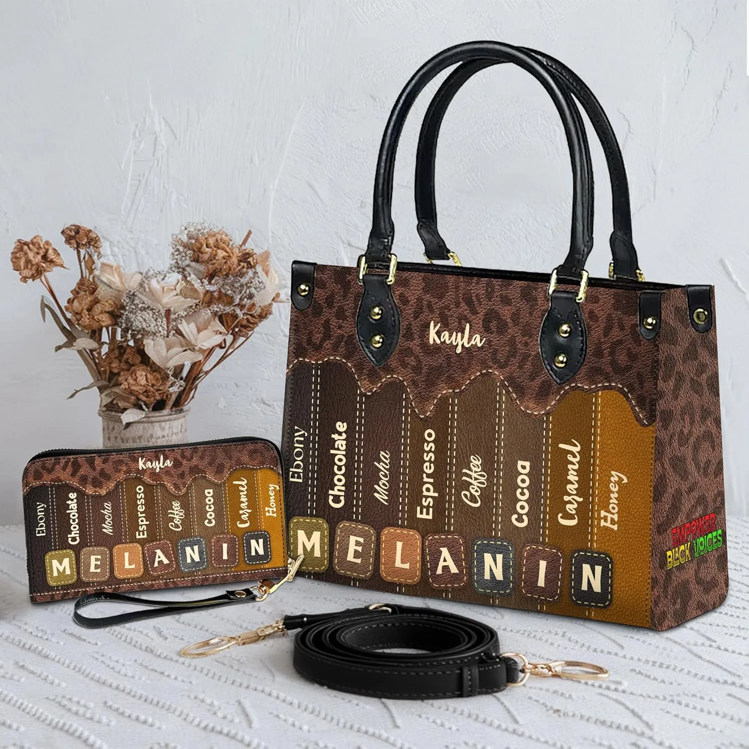 Personalized Leather Handbag For Black African Women – Matching Purse and Wallet Set – Mother's Day Gifts for Melanin Woman