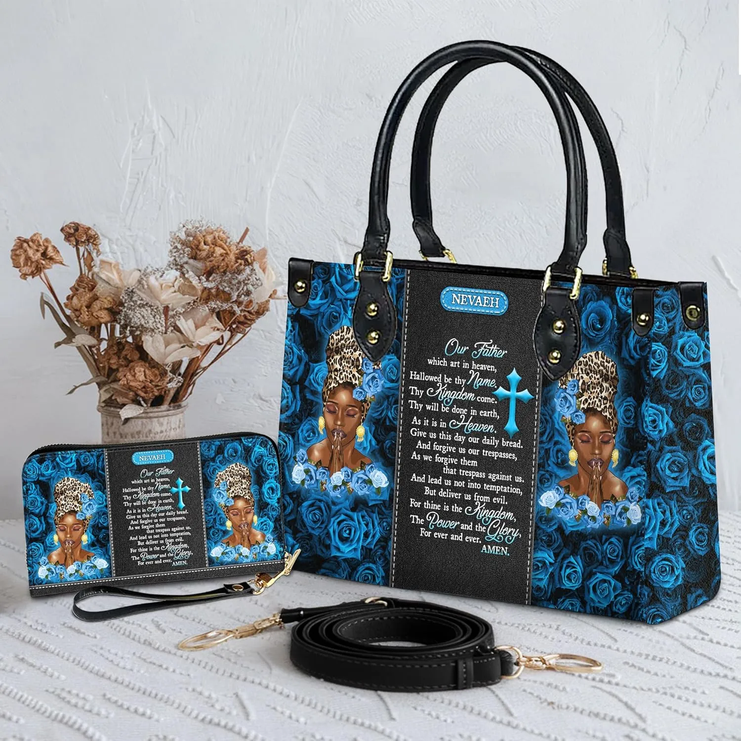 Personalized Leather Handbag For Black African Women – Matching Purse and Wallet Set – Mother's Day Gifts for Melanin Woman