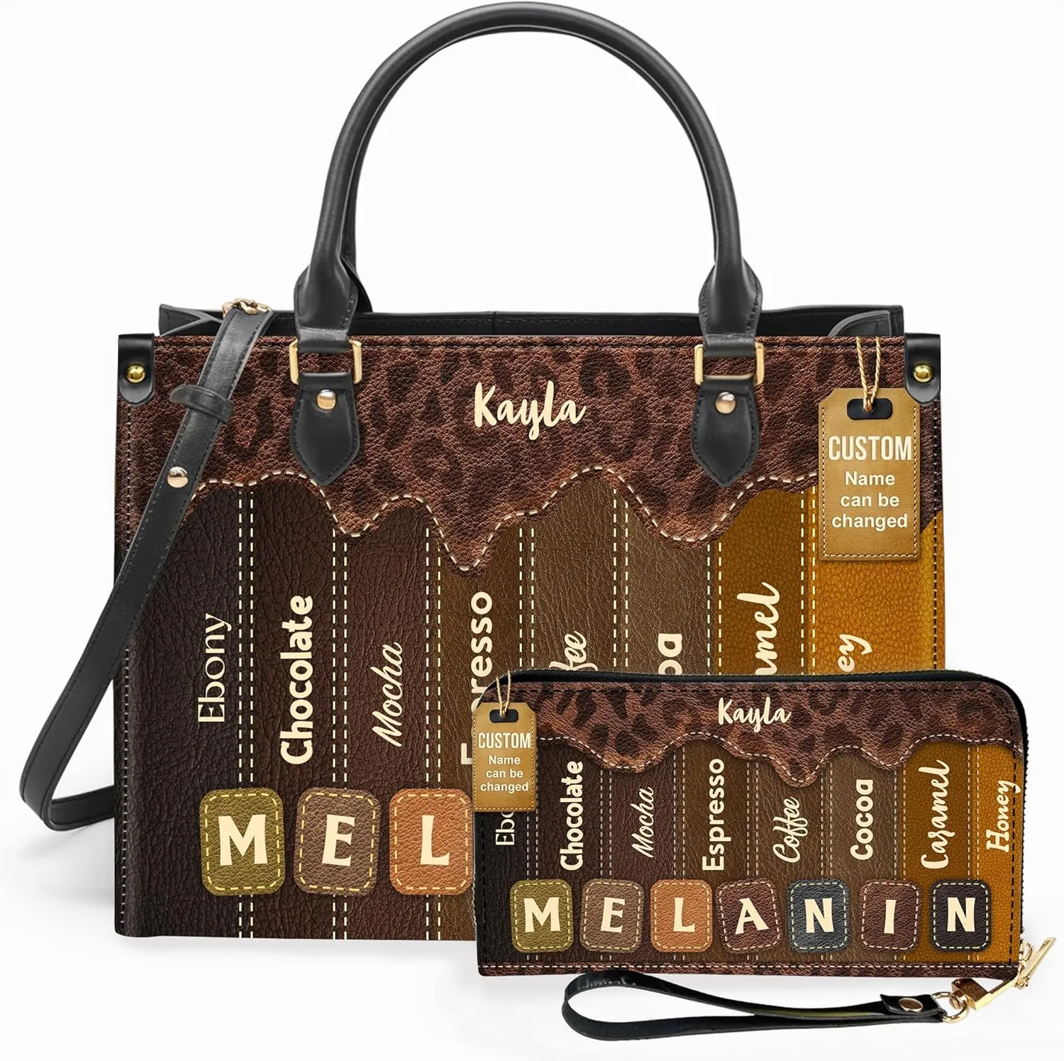 Personalized Leather Handbag For Black African Women – Matching Purse and Wallet Set – Mother's Day Gifts for Melanin Woman