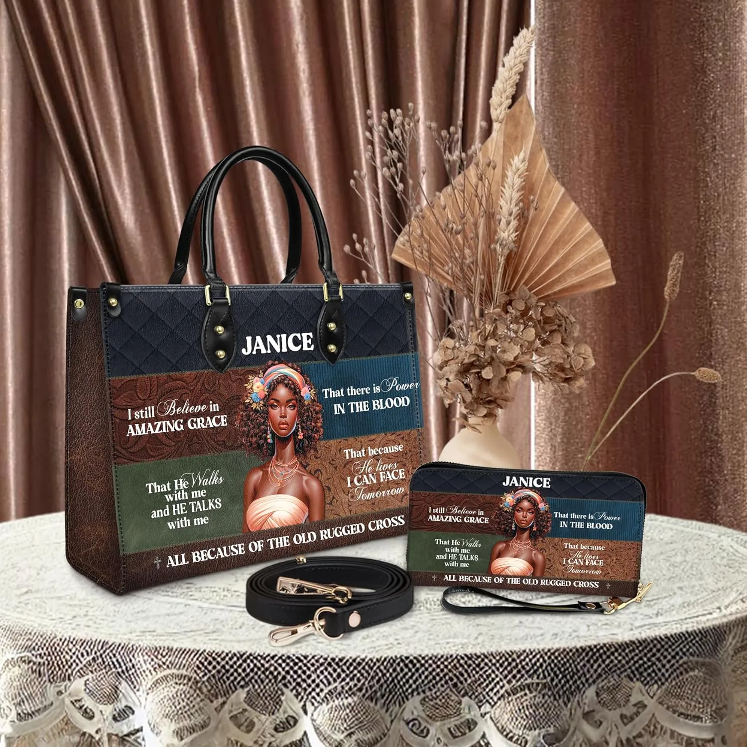 Personalized Leather Handbag For Black African Women – Matching Purse and Wallet Set – Mother's Day Gifts for Melanin Woman