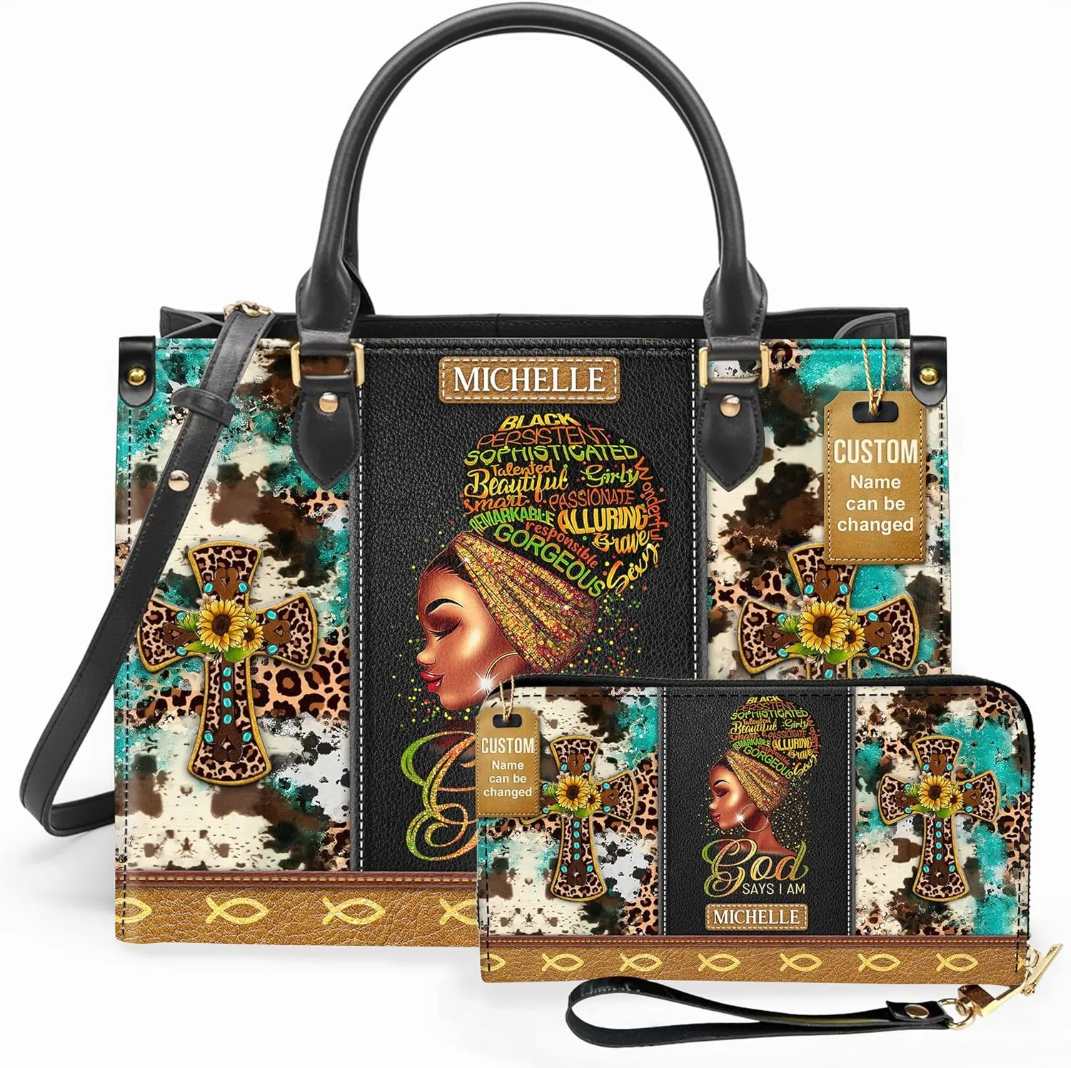 Personalized Leather Handbag For Black African Women – Matching Purse and Wallet Set – Mother's Day Gifts for Melanin Woman