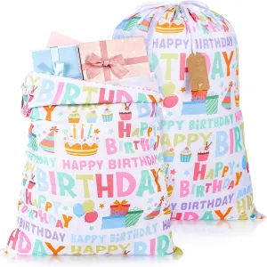 Pickmesh 2 Pcs Happy Birthday Drawstring Gift Bags 20 x 28 Inch Extra Large Baby Shower Bags Reusable Fabric Colorful Birthday Wrapping Pouches for Baby Shower Gender Reveal Supplies Decor (White)