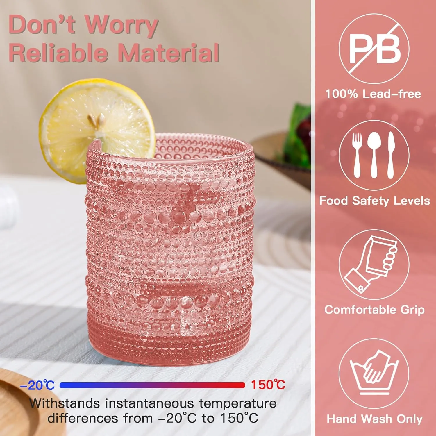 Pink Vintage Hobnail Drinking Glasses Set of 6, Embossed Water Tumbler 12oz, Kitchen & Bar Beaded Glass Cups, Beverage Glass Cups for Water, Beer, Juice, Cocktail Glassware, Pink