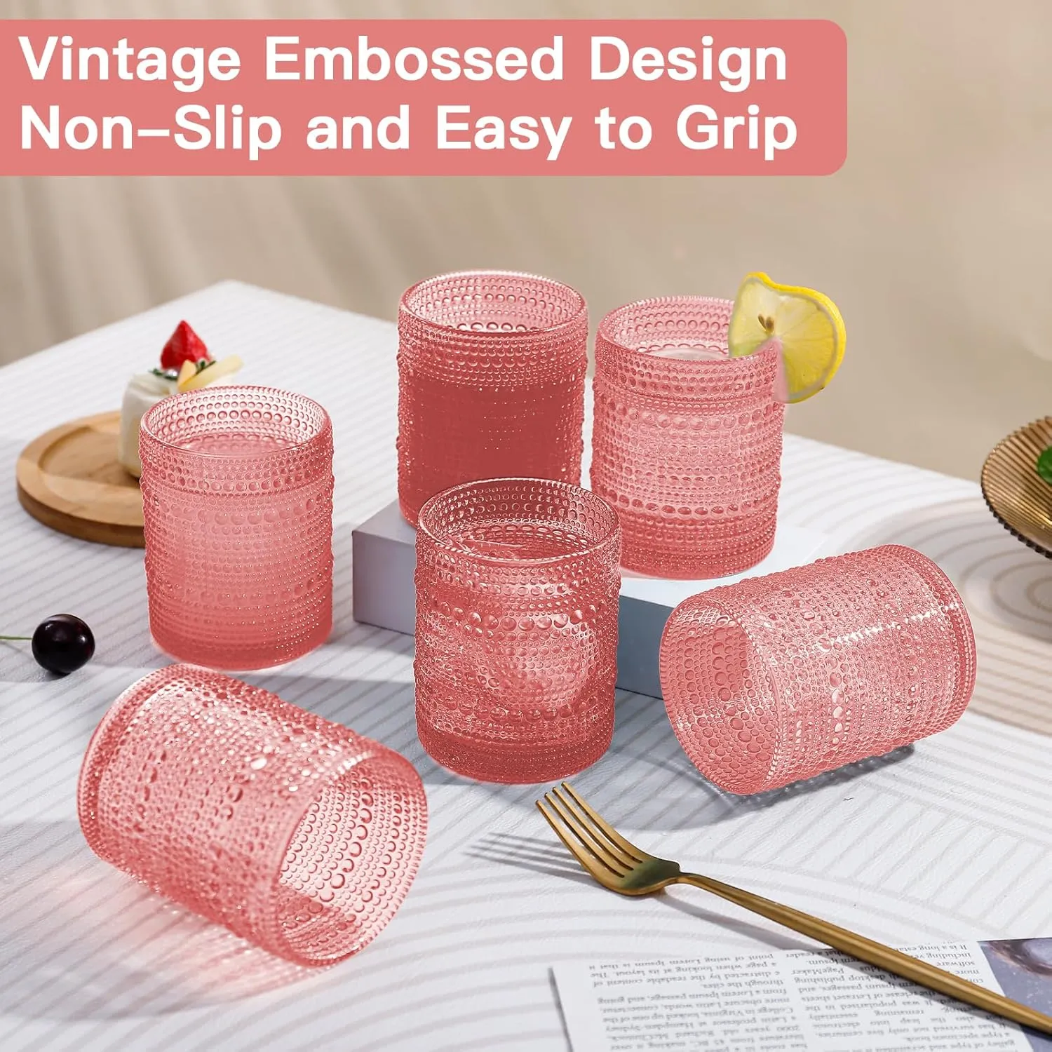 Pink Vintage Hobnail Drinking Glasses Set of 6, Embossed Water Tumbler 12oz, Kitchen & Bar Beaded Glass Cups, Beverage Glass Cups for Water, Beer, Juice, Cocktail Glassware, Pink