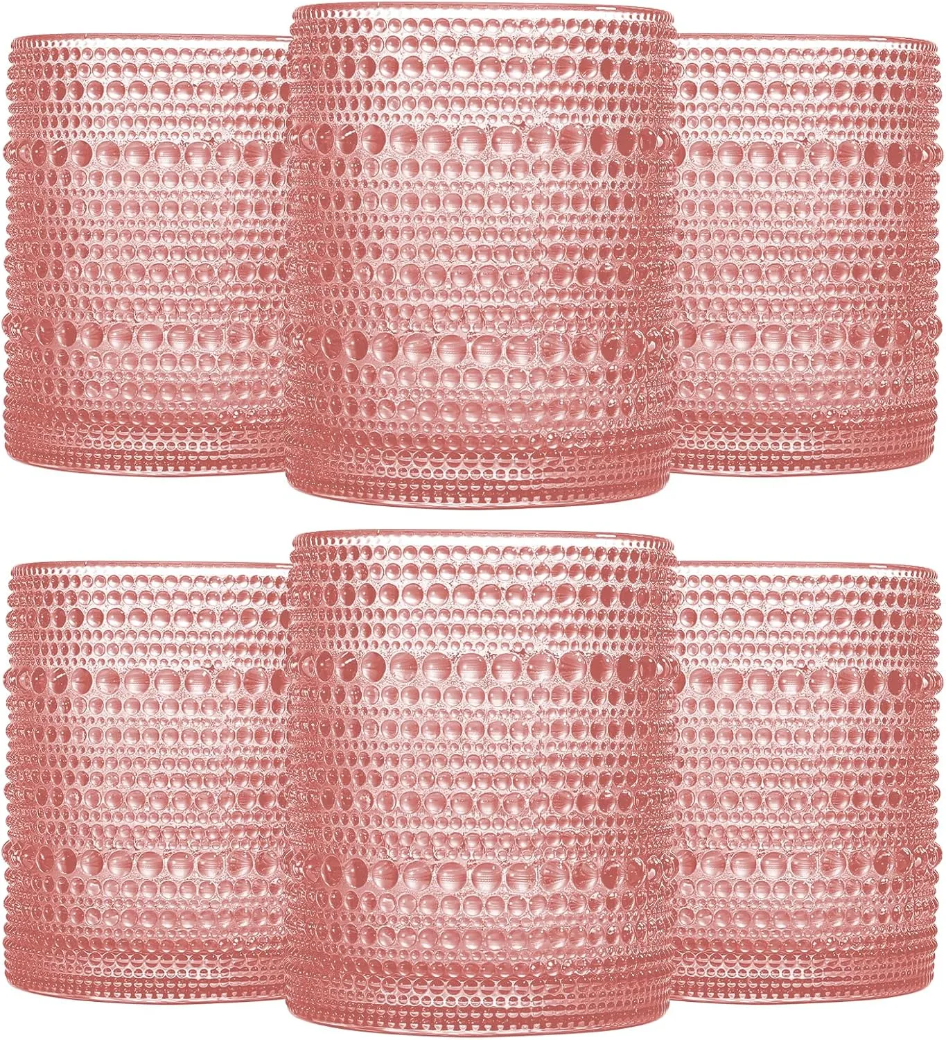 Pink Vintage Hobnail Drinking Glasses Set of 6, Embossed Water Tumbler 12oz, Kitchen & Bar Beaded Glass Cups, Beverage Glass Cups for Water, Beer, Juice, Cocktail Glassware, Pink