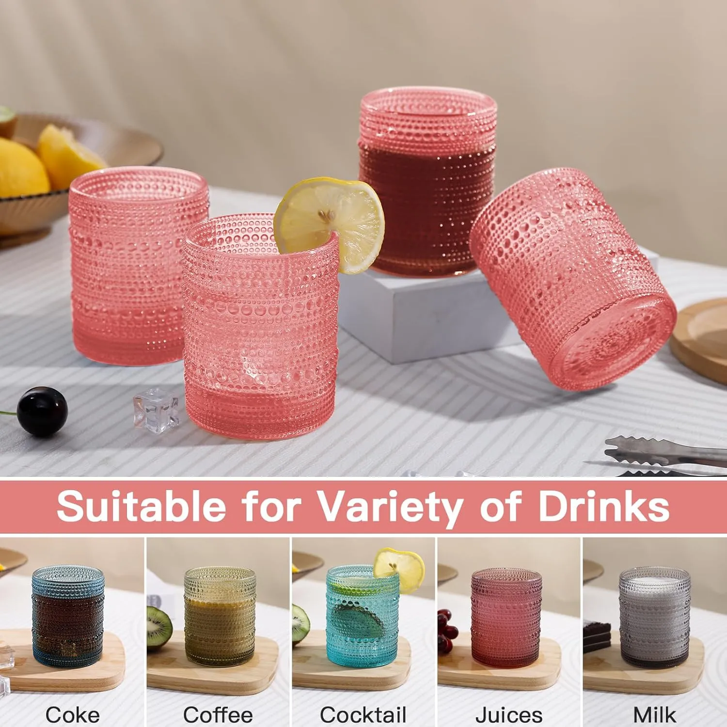 Pink Vintage Hobnail Drinking Glasses Set of 6, Embossed Water Tumbler 12oz, Kitchen & Bar Beaded Glass Cups, Beverage Glass Cups for Water, Beer, Juice, Cocktail Glassware, Pink