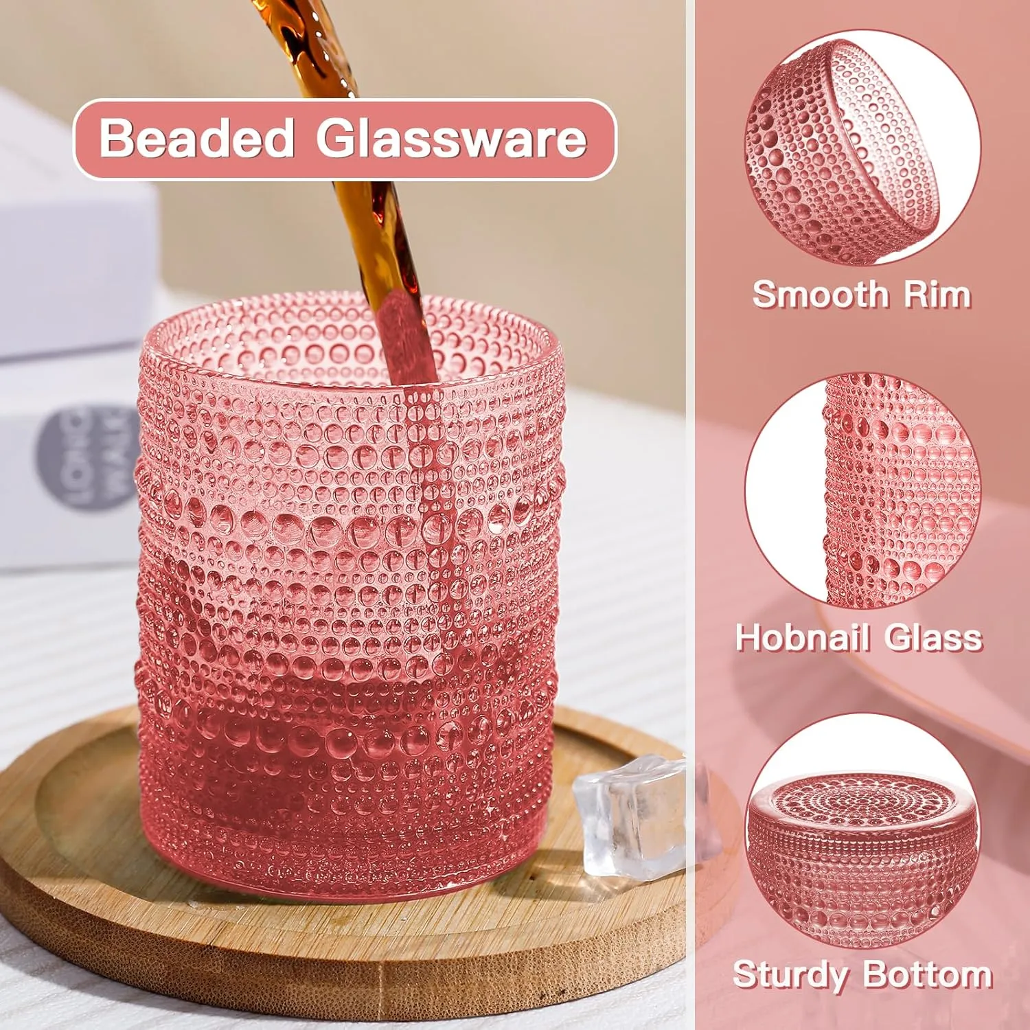 Pink Vintage Hobnail Drinking Glasses Set of 6, Embossed Water Tumbler 12oz, Kitchen & Bar Beaded Glass Cups, Beverage Glass Cups for Water, Beer, Juice, Cocktail Glassware, Pink