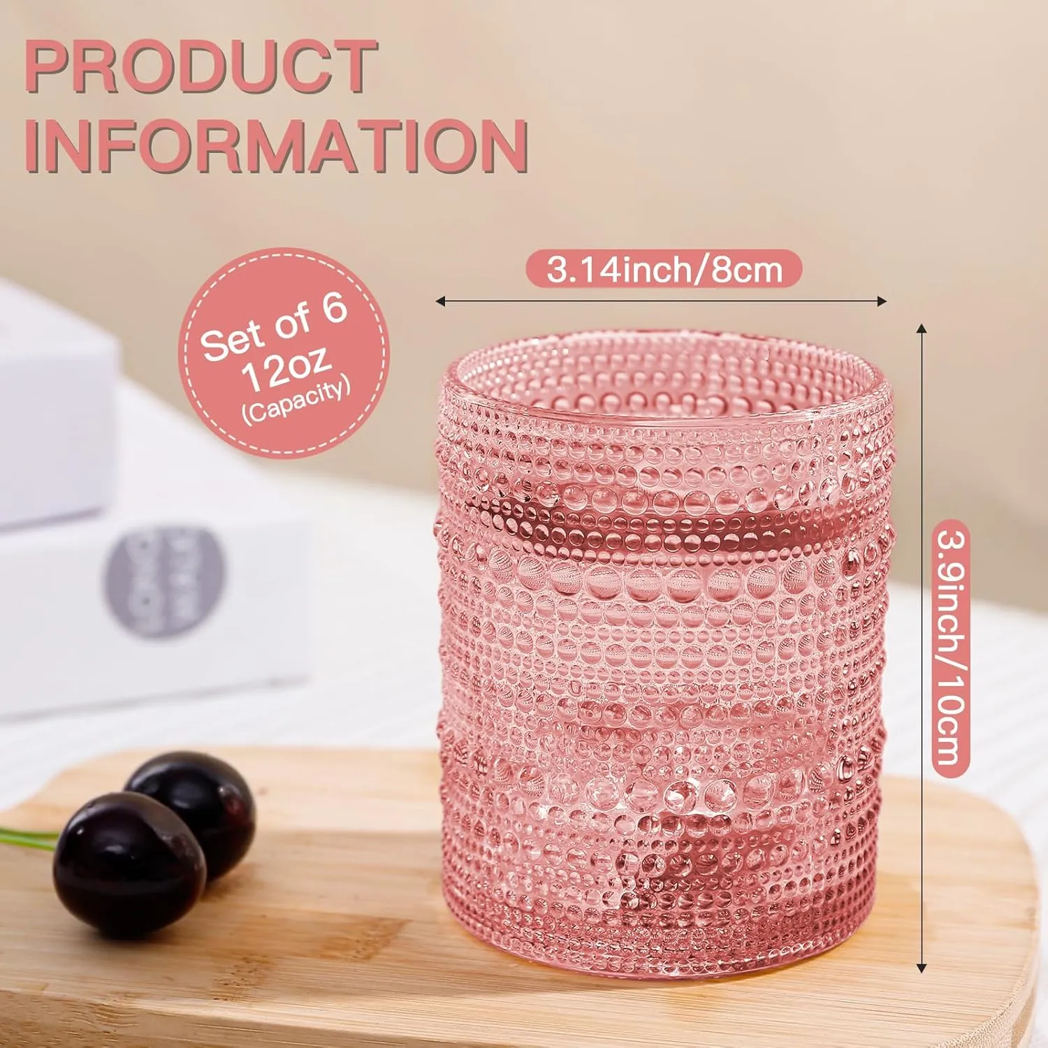 Pink Vintage Hobnail Drinking Glasses Set of 6, Embossed Water Tumbler 12oz, Kitchen & Bar Beaded Glass Cups, Beverage Glass Cups for Water, Beer, Juice, Cocktail Glassware, Pink