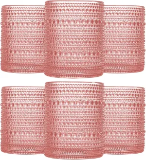 Pink Vintage Hobnail Drinking Glasses Set of 6, Embossed Water Tumbler 12oz, Kitchen & Bar Beaded Glass Cups, Beverage Glass Cups for Water, Beer, Juice, Cocktail Glassware, Pink