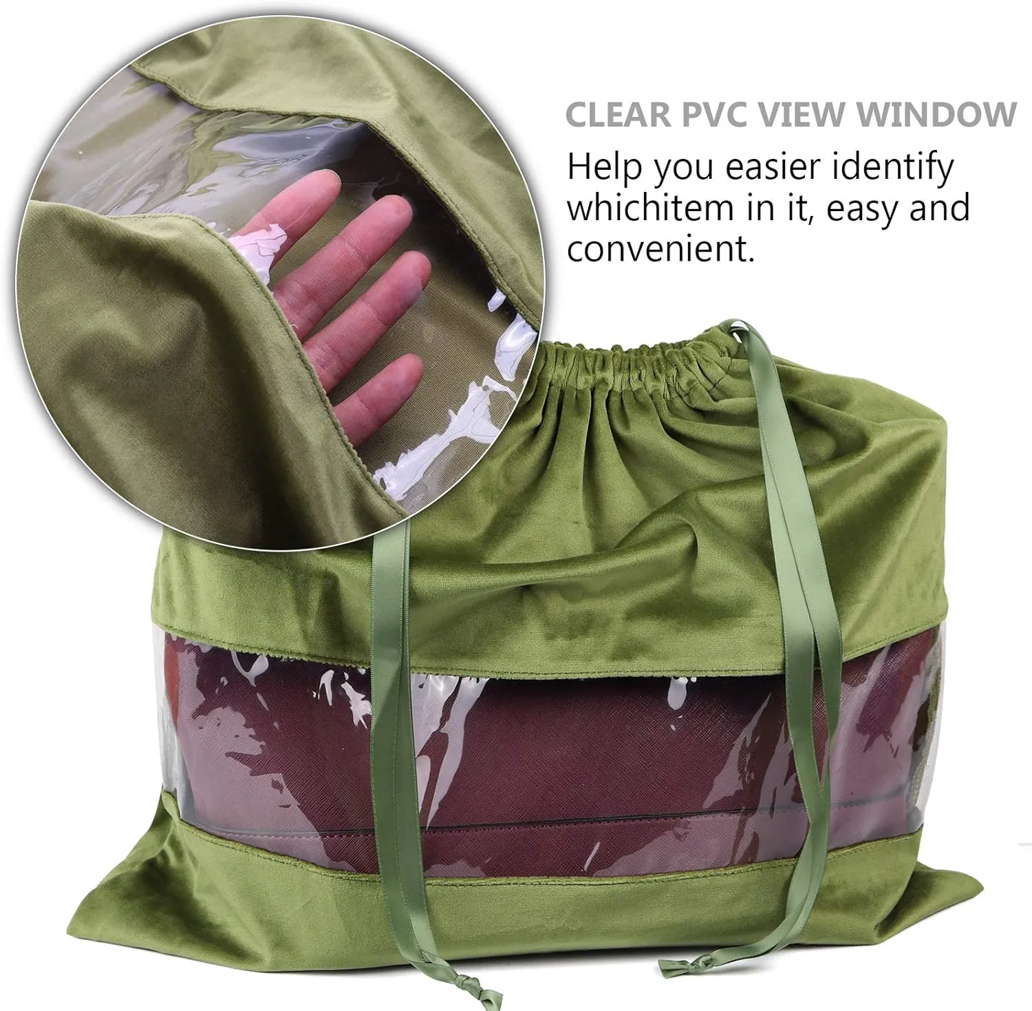 PlasMaller Dust Cover Storage Bags Terylene Flannel Drawstring Pouch with Clear View Window For Handbags Purses Pocketbooks Shoes Boots Set of 2 (21.6 x 19.7 in), Green