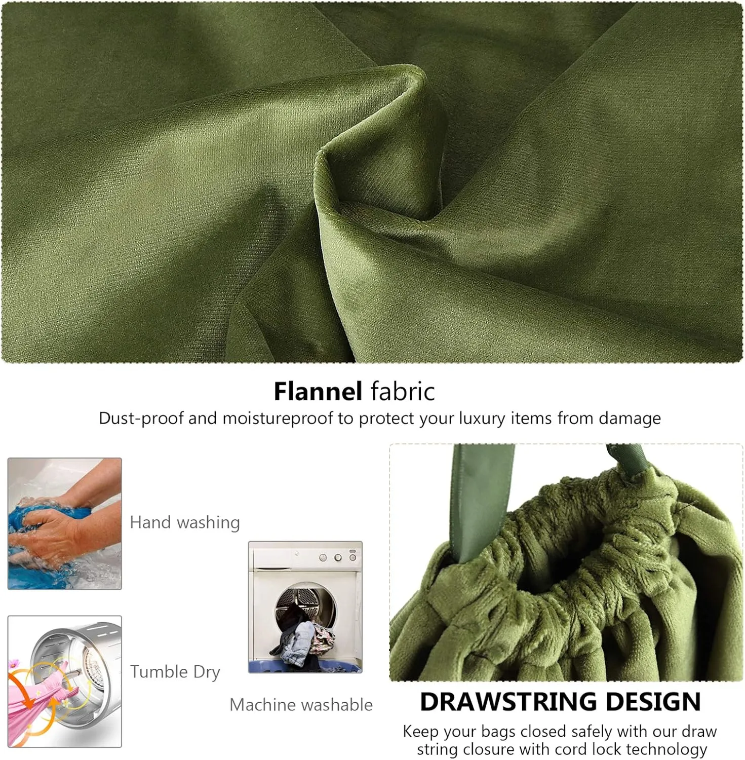 PlasMaller Dust Cover Storage Bags Terylene Flannel Drawstring Pouch with Clear View Window For Handbags Purses Pocketbooks Shoes Boots Set of 2 (21.6 x 19.7 in), Green