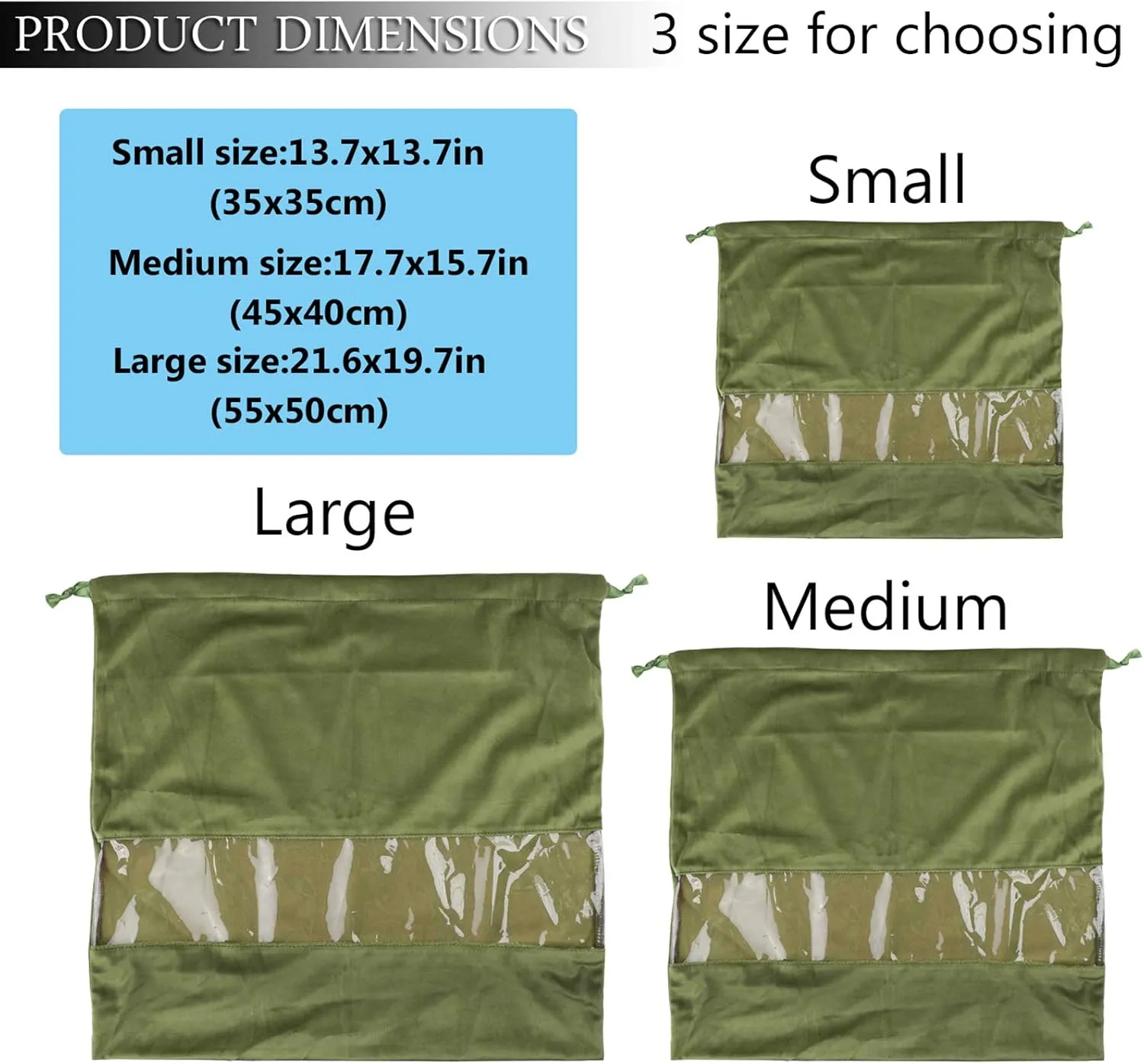 PlasMaller Dust Cover Storage Bags Terylene Flannel Drawstring Pouch with Clear View Window For Handbags Purses Pocketbooks Shoes Boots Set of 2 (21.6 x 19.7 in), Green