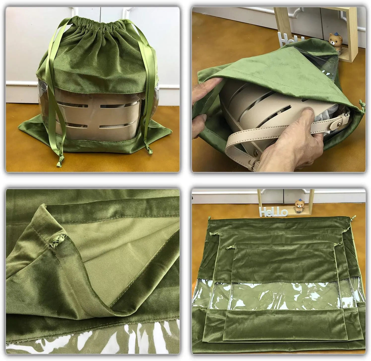 PlasMaller Dust Cover Storage Bags Terylene Flannel Drawstring Pouch with Clear View Window For Handbags Purses Pocketbooks Shoes Boots Set of 2 (21.6 x 19.7 in), Green