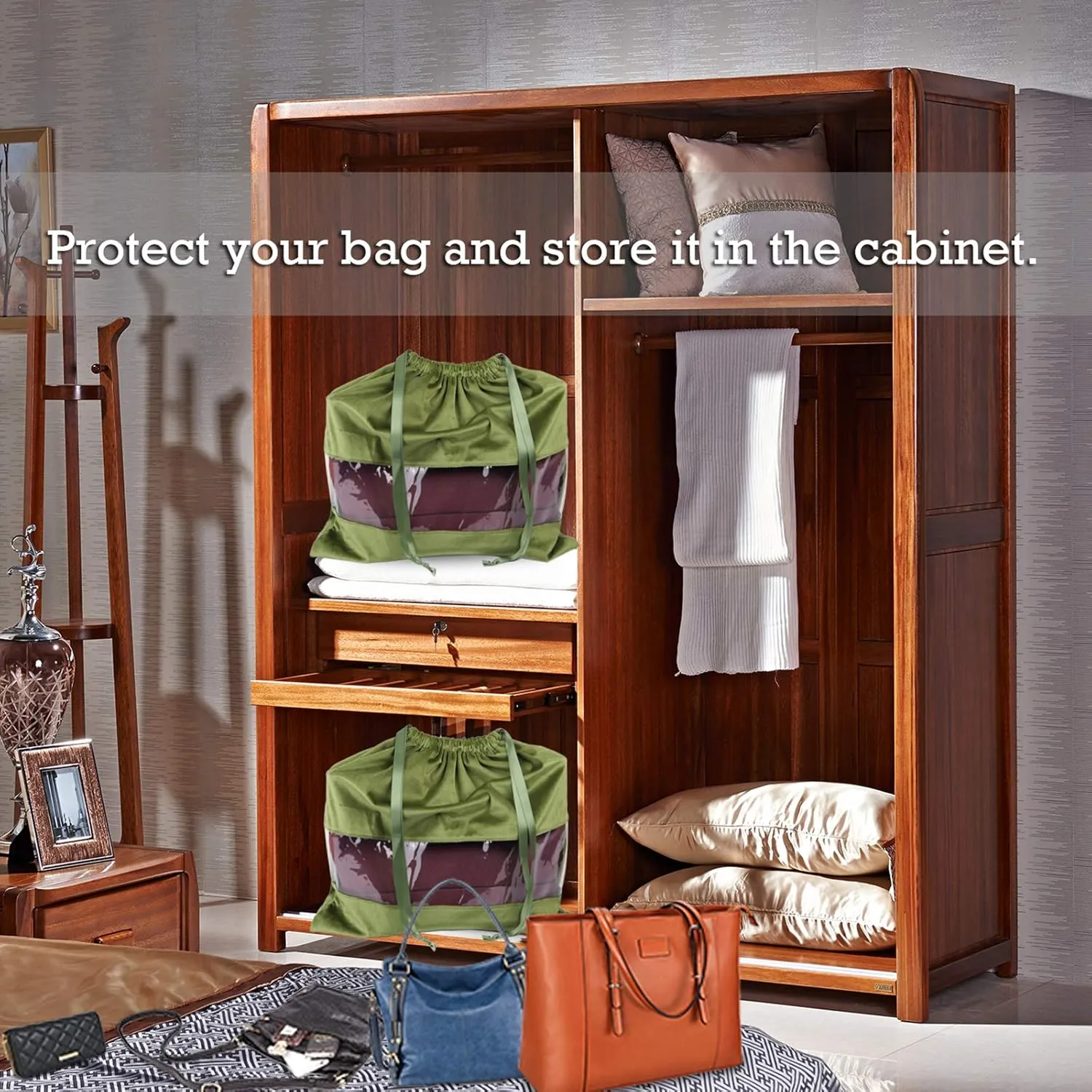 PlasMaller Dust Cover Storage Bags Terylene Flannel Drawstring Pouch with Clear View Window For Handbags Purses Pocketbooks Shoes Boots Set of 2 (21.6 x 19.7 in), Green