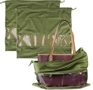 PlasMaller Dust Cover Storage Bags Terylene Flannel Drawstring Pouch with Clear View Window For Handbags Purses Pocketbooks Shoes Boots Set of 2 (21.6 x 19.7 in), Green