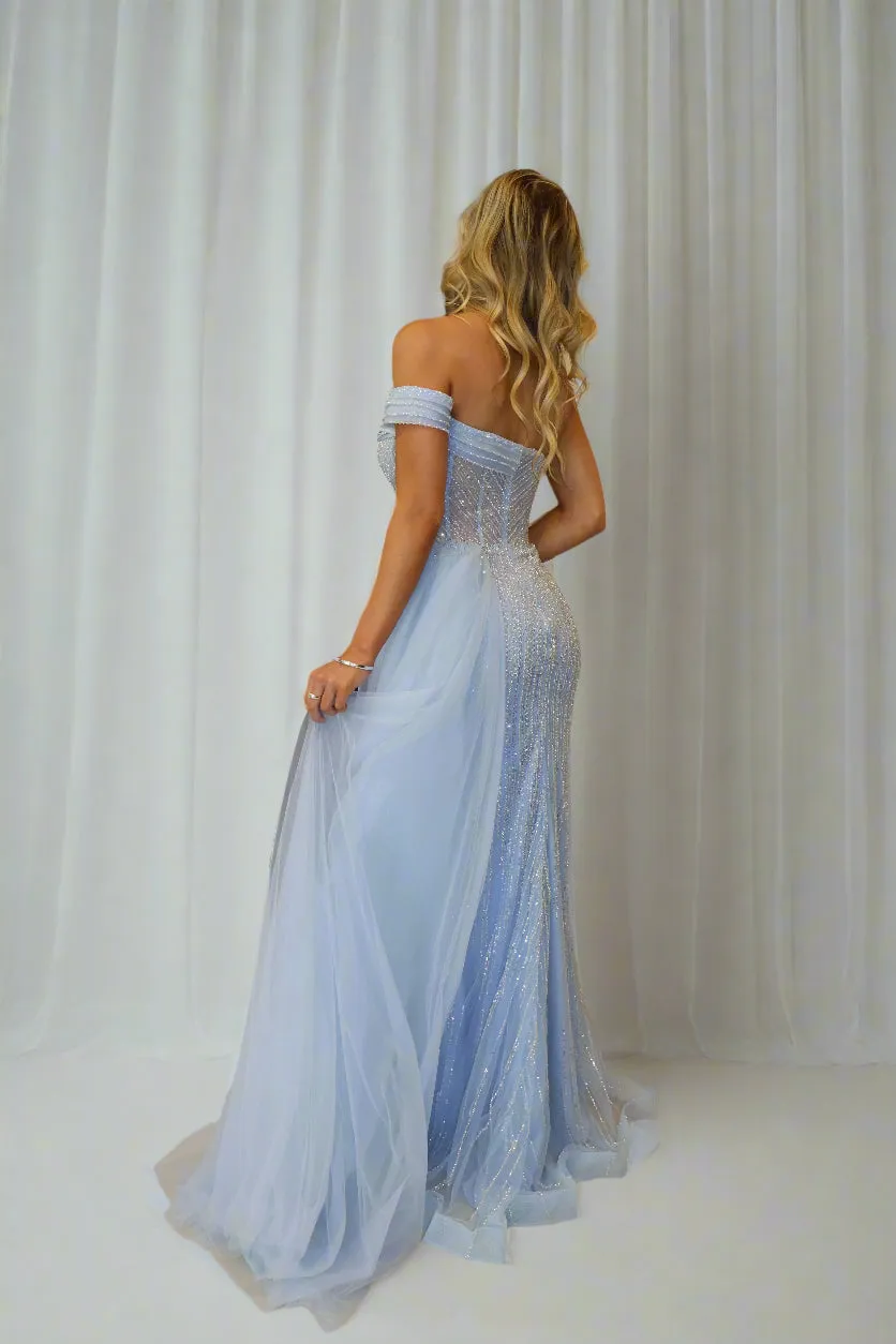 PLEATED FEATURE CORSET GOWN WITH TULLE SIDE TRAIN