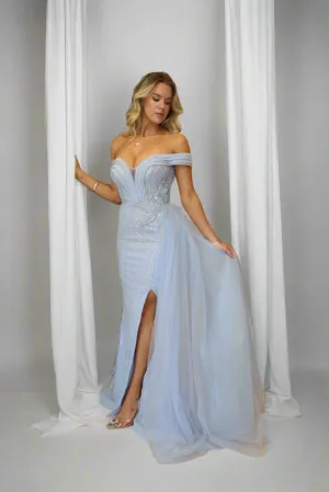 PLEATED FEATURE CORSET GOWN WITH TULLE SIDE TRAIN