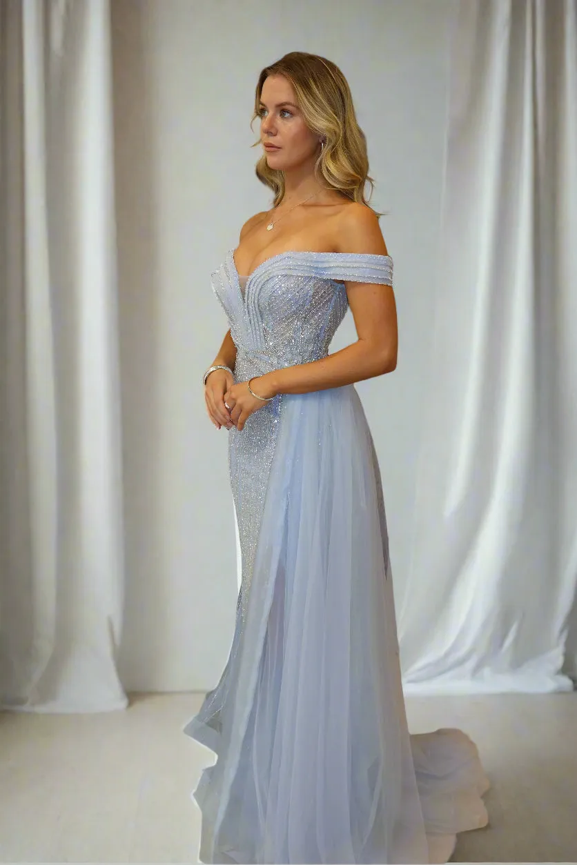 PLEATED FEATURE CORSET GOWN WITH TULLE SIDE TRAIN