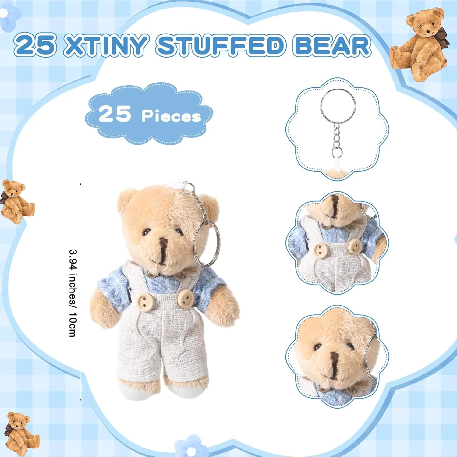 Poen 25 Sets Bear Baby Shower Favor for Guest 25 Stuffed Plush Mini Bears Plaid Tiny Stuffed 25 Thank You Cards and Organza Bag for Gender Reveal Guest Gifts(Boy)