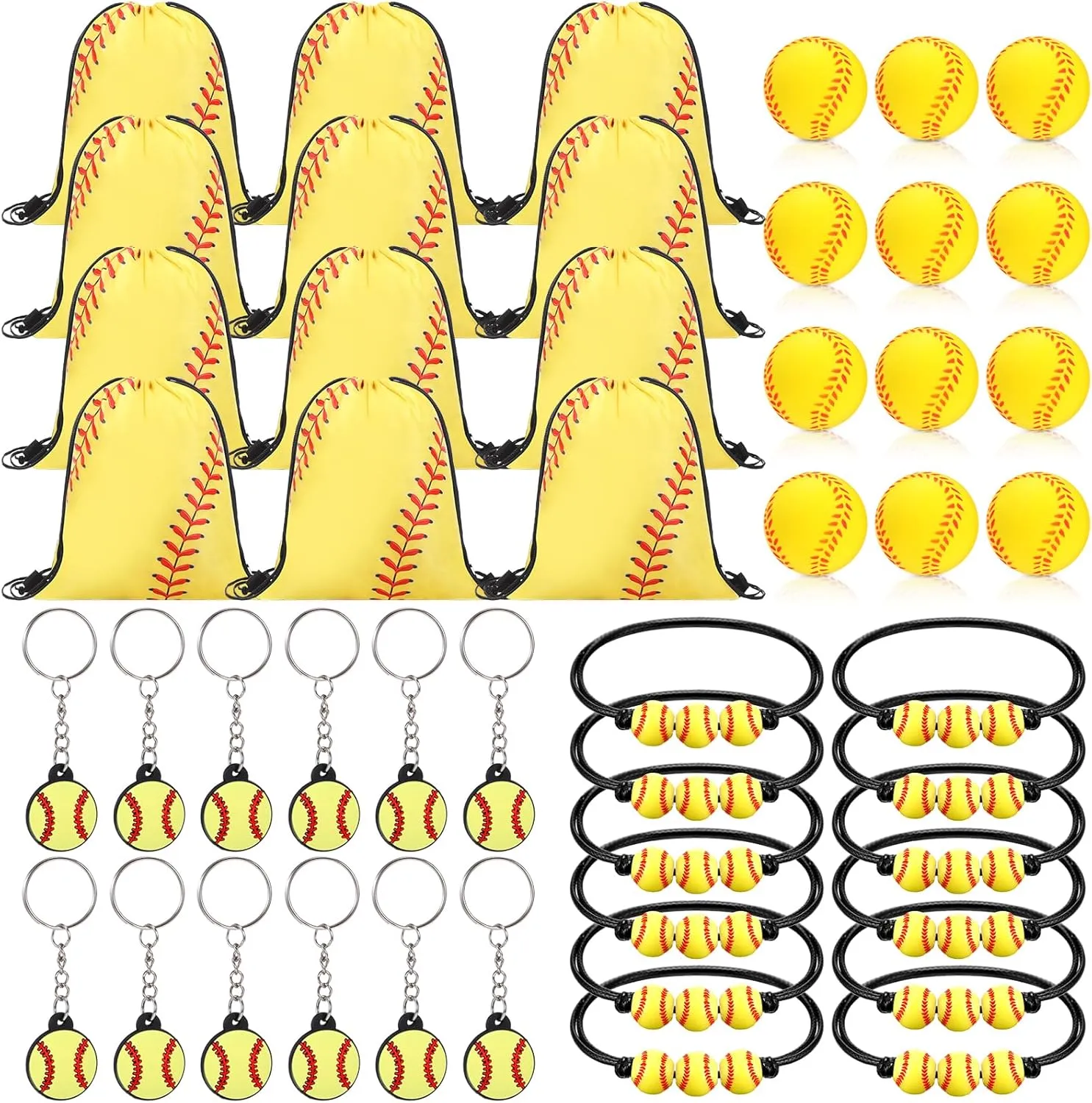 Poen 48 Pcs Softball Party Favors Include 12 Drawstring Backpack 12 Mini Softball 12 Keychain 12 Wax Thread Braided Bracelet Inspirational Team Gift